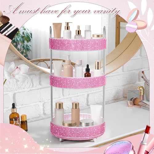 Honeydak Bling Rotating Cosmetic Display, 3 Tiers, Resin Diamond, Pink