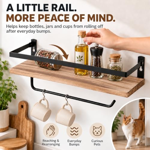 PHUNAYA Kitchen Floating Shelves, Paulownia, Carbonized Black, Set of 2
