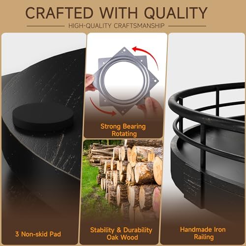 AMH 9-Inch Oak Lazy Susan Vanity Tray with Black Brush Gold Metal Frame