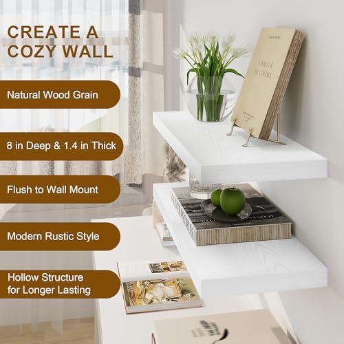 Fun Memories White Floating Shelves, 8 Inch Deep Wall Shelves Set of 2, Rustic Deep Shelves for Wall Storage, 24 x 8 Flo