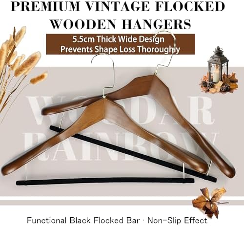 Luxury Wide Shoulder Wooden Suit Hangers, Flocking Pants Bar, Classisc Solid Wood Jacket Clothes Hangers Smooth Finish for Sweater Dress Pants Sport Coats (Dark Brown, 3 Pack)