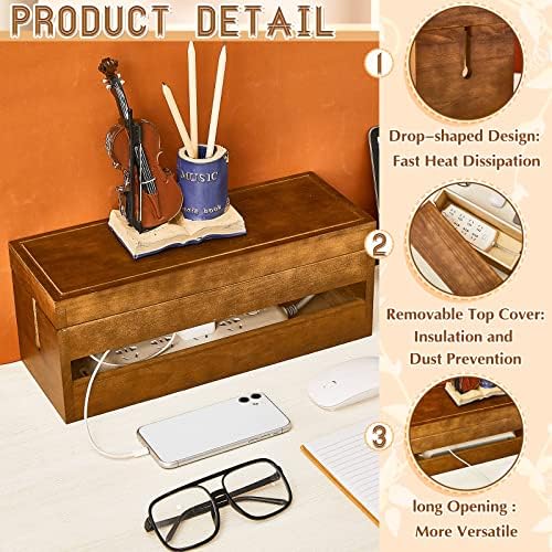 Hoteam 48 Pcs Wooden Cable Management Box Cable Organizer Box Set Power Strip Holder Cord Hider Clip Adhesive Management