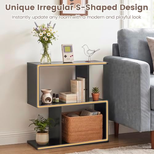 Tangkula 2 Tier Geometric Bookshelf, Freestanding Wood Display Shelf, Home Office Room Divider S Shaped Open Bookcase, S