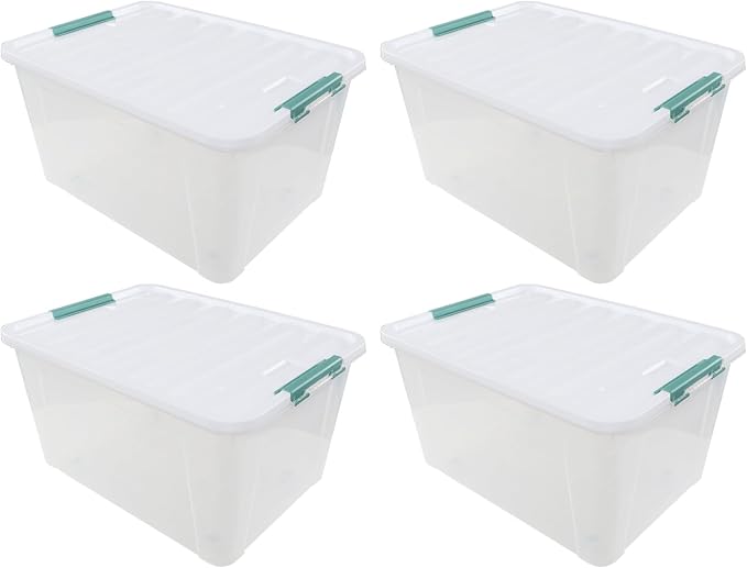 85 QT Plastic Storage Bins with Latching Lids Stackable Storage Containers for Organizing Holiday Decorations, Large Clear Storage Box for Garage, Closet, Kitchen, 4 Packs