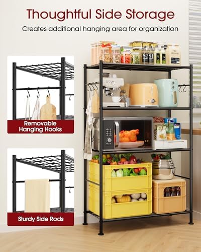 Sakugi 4-Tier Storage Shelves with 6 Hooks, 33.2" x 12.7" x 57.3", Black