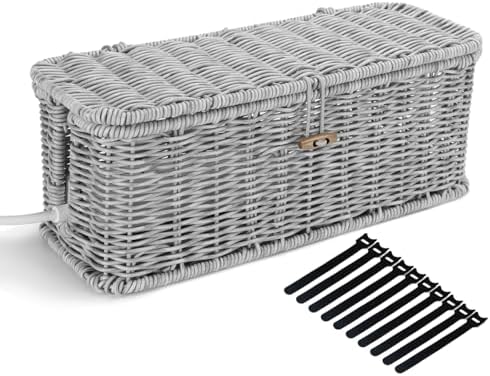 Cable Management Box, Desk Handwoven Rattan Cord Hider Cable Organizer Box With Lid Button Lock, Power Strip Cover Wicke