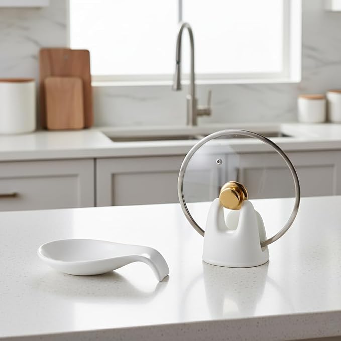 Nihow Ceramic Pot Lid Holder While Cooking for Kitchen Counter/Stove Top | Catch Water & Oil Drips,Stable & Secure,Heat Resistant,Easy to Clean & Dishwasher Safe,Space-Saving,Multi-Purpose Holder