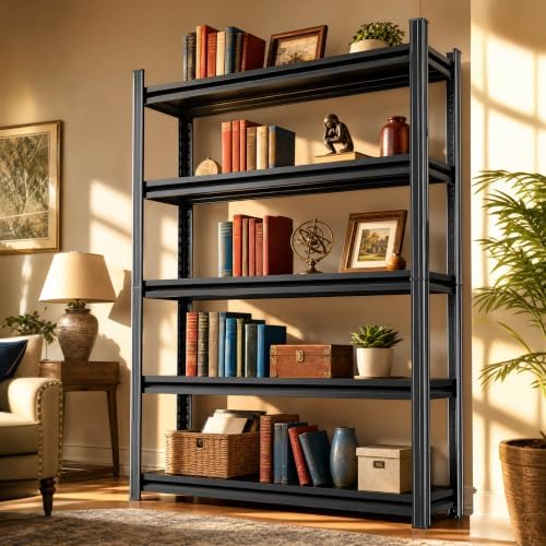 Black Metal Bookshelf 5 Tier Shelf, Heavy Duty Industrial Book Case Shelving Unit, Standing Storage Rack for Books Plant
