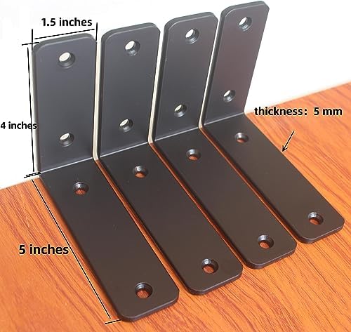 24 Pack - L 5" x H 4" x W1.5, 5mm Thick Black L Shelf Bracket, Iron Shelf Brackets, Metal Shelf Brackets, Floating Shelf