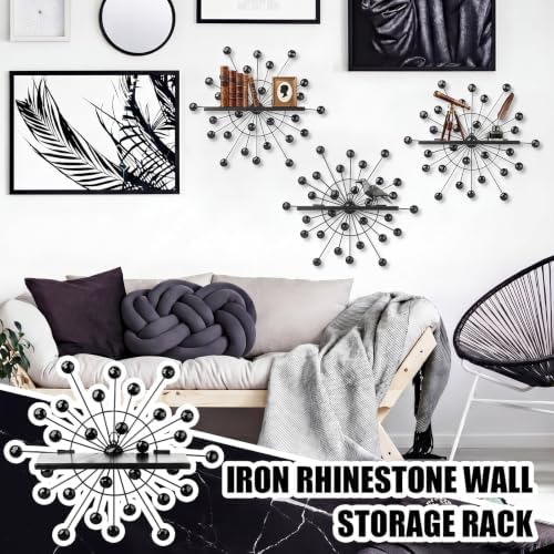 Yaocom 3 Pcs Crystal Floating Shelves, Bling Sparkle Metal Starburst Wall Decor Shelves, Black Folding Wall Mounted Stor