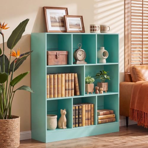 YAHARBO 3 Tier 8 Cube Horizontal Bookshelf, Low Bookcase with Sleves,Green