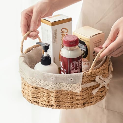 GIB Small Round Wicker Storage Baskets for Organizing with Handle and Liner