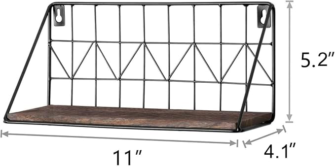 Mkono Floating Shelves Wall Mounted Set of 2 Rustic Wood Storage Display Shelf with Metal Wire Basket 11.4 Inches, Hanging Shelf for Bedroom Bathroom Living Room Kitchen Office, Brown,Small