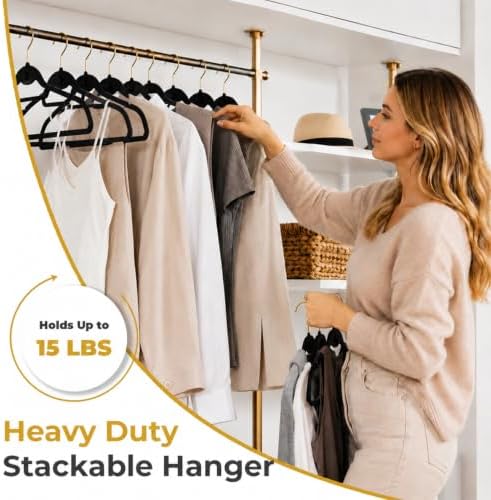 Black Velvet Hangers 50 Pack with Stackable Cascading Gloden Hook