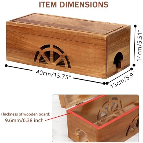 Wood Cable Management Box - 15.8" (L) x 6" (W) 5.5" (H) Acacia Wood Cable Hider Box, Cord Hider with Magnet Design & Out