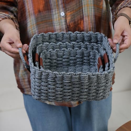 Woven Paper Rope Wicker Basket for Organizing(Set of 3,Grey)