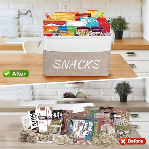 Snack Organizer for Pantry, Decorative Snack Basket with 10pcs Chip Clips, Snack Organizer for Desktop, Collapsible Snac