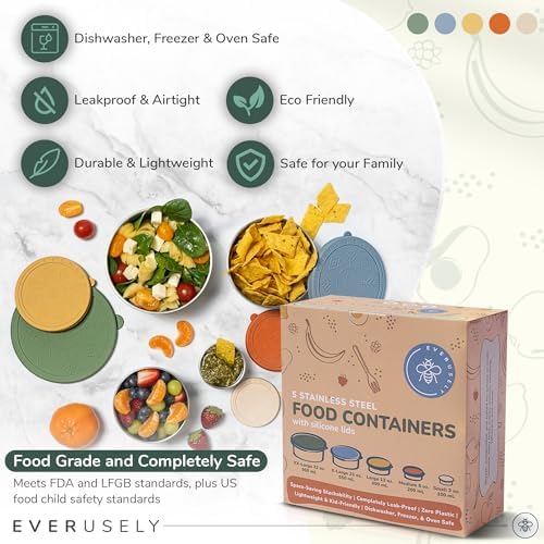 Stainless Steel Food Containers, Metal Lunch Boxes, Set of 5, Muted