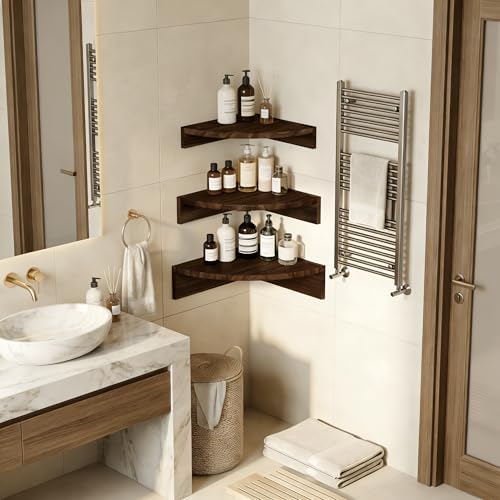 Alsonerbay Wood Corner Shelves Wall Mount 3-Pack, Dark Brown