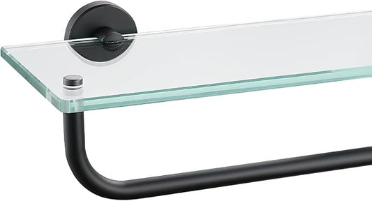 JQK Bathroom Glass Shelf, Shelf with 19 Inch Towel Bar Tempered Glass Shower Storage 20 by 5 inches, 304 Stainless Steel Matte Black Wall Mount, TGS100L20-PB