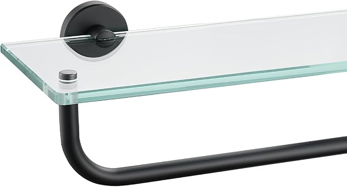 JQK Bathroom Glass Shelf, Shelf with 15 Inch Towel Bar Tempered Glass Shower Storage 16 by 5 inches, 304 Stainless Steel Matte Black Wall Mount, TGS100-PB