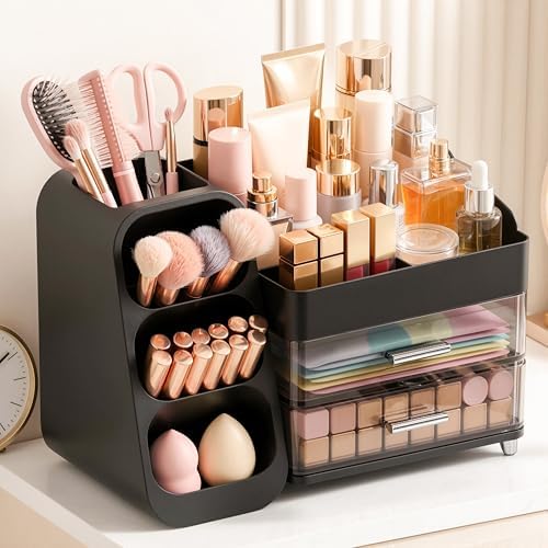 Large Capacity Makeup Organizer Countertop with Makeup Brush Holder for Vanity, Thickened Material, Bathroom Countertop 