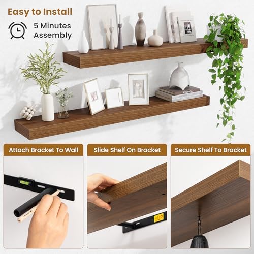Fun Memories 40 Inch Floating Shelves, Long Wood Wall Shelf Set of 2 with Invisible Brackets, for Bathroom, Living Room,