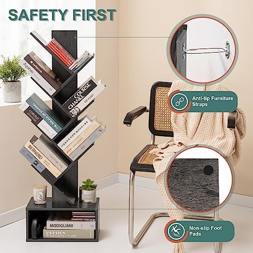 Yoobure Tree Bookshelf - 6 Shelf Retro Floor Standing Bookcase, Tall Wood Book Storage Rack for CDs/Movies, Utility Book