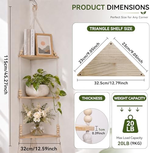 Artilady Macrame Corner Shelf Wall Hanging 3-Tier Adjust Boho Storage Decor