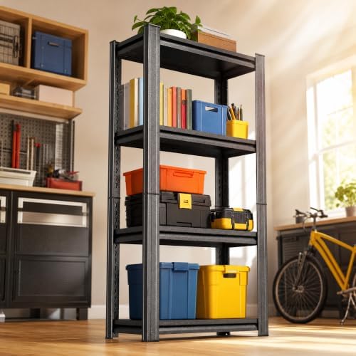 Black Metal Bookshelf 4 Tier Shelf, Heavy Duty Industrial Bookcase Shelving Unit, Standing Storage Rack for Books Plants