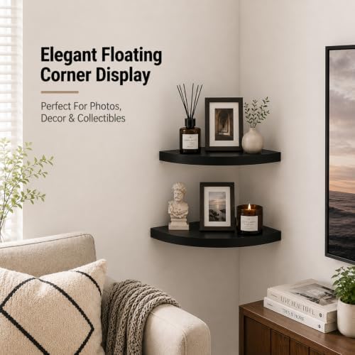 AHDECOR Black Corner Shelves, Modern Floating Corner Shelf for Space-Saving Storage in Bathroom, Bedroom, Kitchen, and M