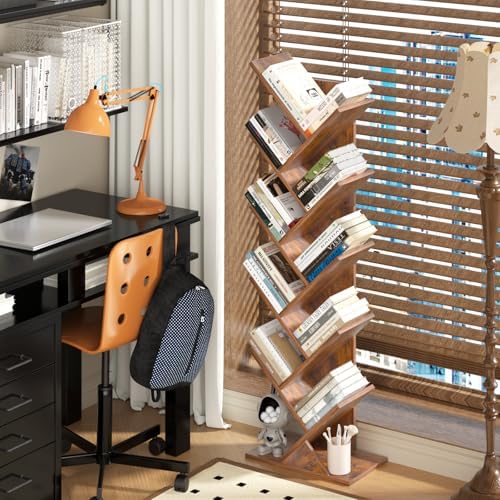 10 Tier Tree Book Shelf, Floor Standing Wood Bookshelf for Narrow Space