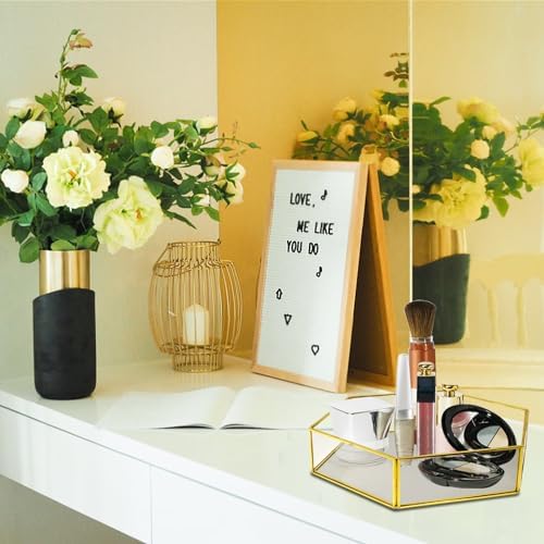 Hexagon Vintage Gold Mirror Glass Vanity Tray,Ornate Geometric and Brass Plated Display Storage Organizer for Makeup Bru