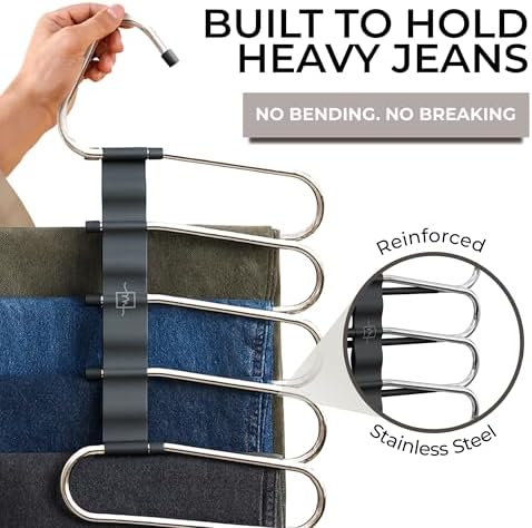 MORALVE Pants Hangers Space Saving - 4 Pack - Non-Slip Multi-Layer Space Saving Hangers - Multifunctional Clothing Rack for Closet Storage - Ideal for Jeans, Trousers, Skirts, Scarves & Slacks (Black)