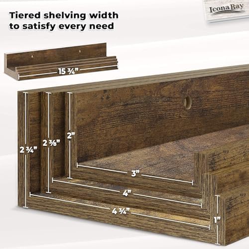 Icona Bay 16 Inch Floating Shelves for Wall - Set of 3 in Walnut Brown - Modern Rustic Style - Wall Mounted Display Shel
