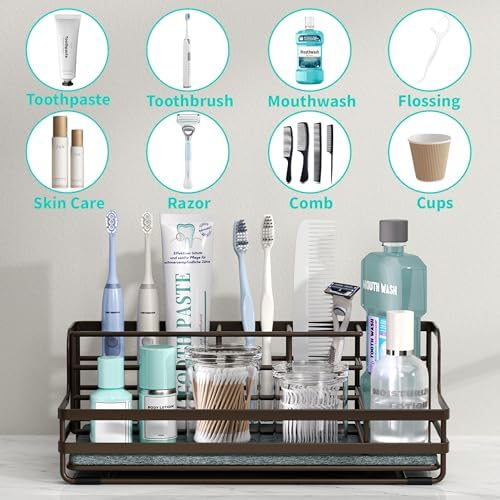 HapiRm Toothbrush Holders for Bathroom - 5 Partitions Bathroom Counter Organizer with Instant Drying Stone, Stainless St