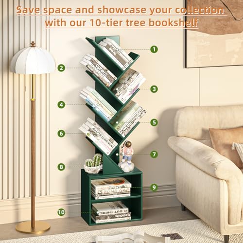 SHEEPAM 10-Tier Tree Bookshelf Floor Standing Narrow Space Storage Bookcase