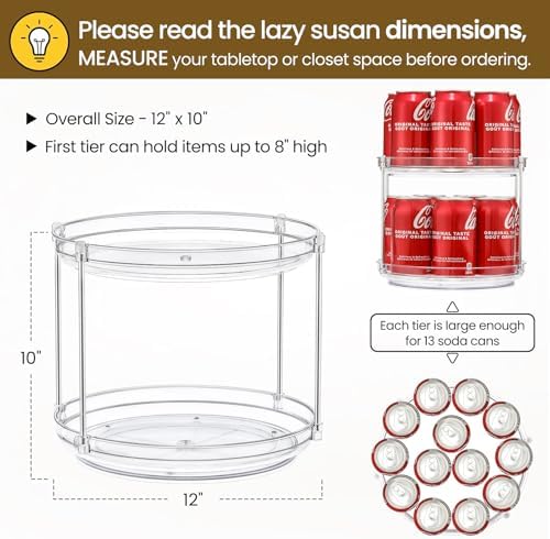 2 Tier Clear Acrylic Lazy Susans, Non-Skid Turntable Organizer, 12''