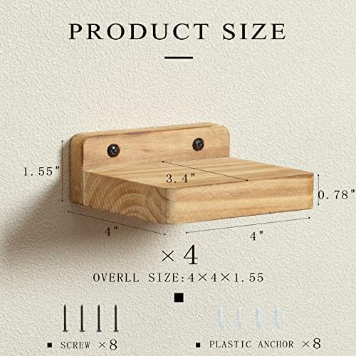 Freezing point Small Floating Shelf for Wall Set of 4 Natural Wood 4Inch Mini Wall Shelves Decor Plant Display Collectib