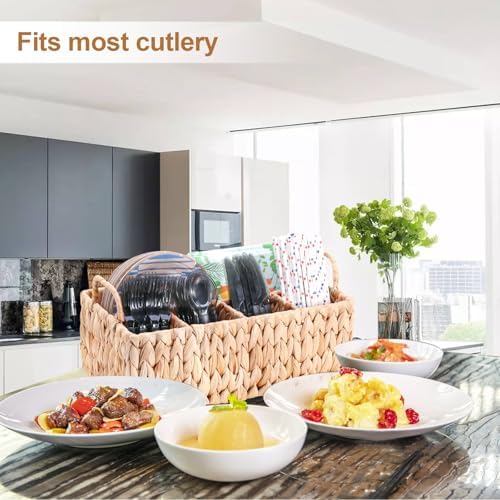 Wicker Party Silverware Caddy, Water Hyacinth Plastic Cutlery Utensil Holder, Hand Woven with Handles, Kitchen Counterto