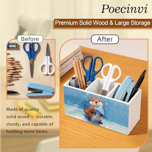 Coastal Beach Sea Otter Pen Holder for Home Kids Room Desk, Otter Lover Gifts, Coastal Ocean Wildlife Nursery Wooden Box Sign Pencil Holder for Desk Shelf Organizer