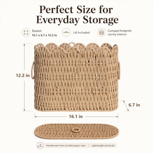 Toilet Paper Wicker Rattan Storage Basket with Handles, Paper rope Slim Toilet Paper Holder with Lid- Holds Up to 9 Mega