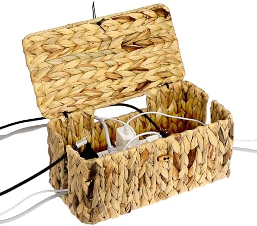 BTSKY Woven Cable Management Box with Lid Water Hyacinth Cord Organizer, L