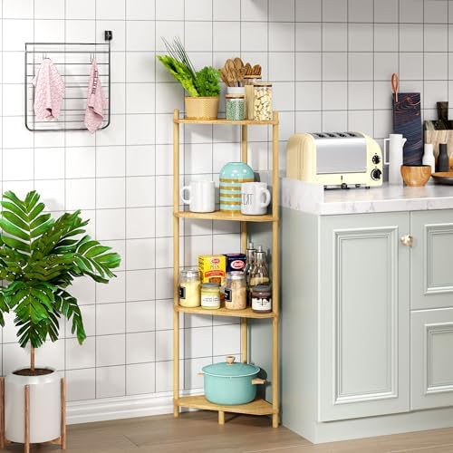 Corner Shelf Stand - 4 Tier Bamboo Small Corner Bookshelf for Office Kitchen Bedroom Plant Stand Living Room Decor Small