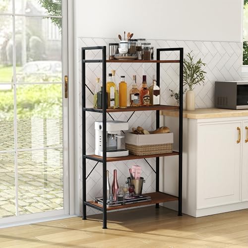 Bookshelf, 4 Tier Industrial Bookcase Storage Organizer,Walnut