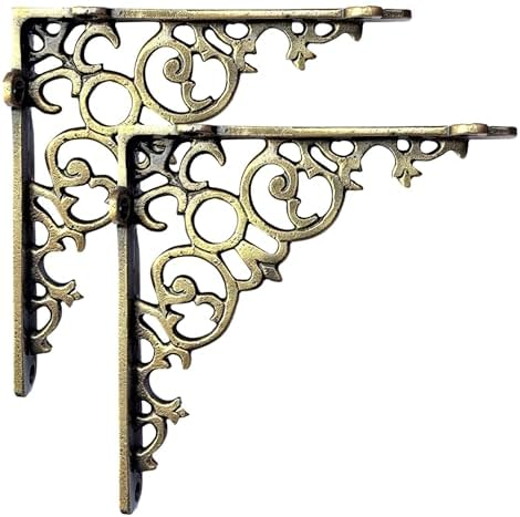 NACH Decorative Shelf Brackets, 2 Pack of 12 x 2 x 12 inch, Cast Iron, Brass Finish Shelf Support Bracket - Metal Shelf 