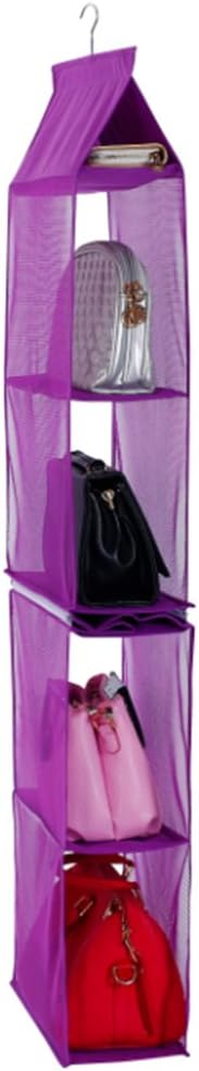 Detachable 4 Compartment Organizer Pouch Hanging Handbag Organizer Clear Purse Bag Collection Storage Holder Wardrobe Closet Space Saving Organizers System for Living Room Bedroom Home Use (Purple)