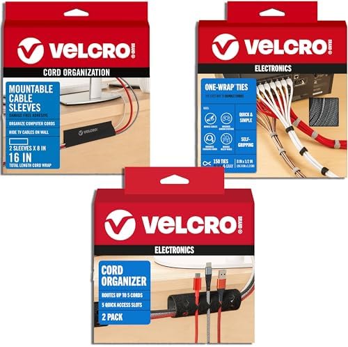 VELCRO Brand Complete Desk Cable Management Kit | 8in Mountable Cable Sleeve 2pk + 150pk Reusable Cable Ties + Desk & Ni