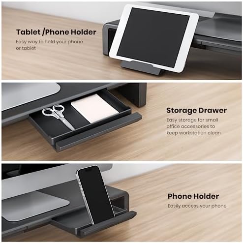 Klearlook Computer Monitor Stand for Desk, Adjustable Foldable Monitor Riser with Storage Drawer & Tablet Phone Holder f