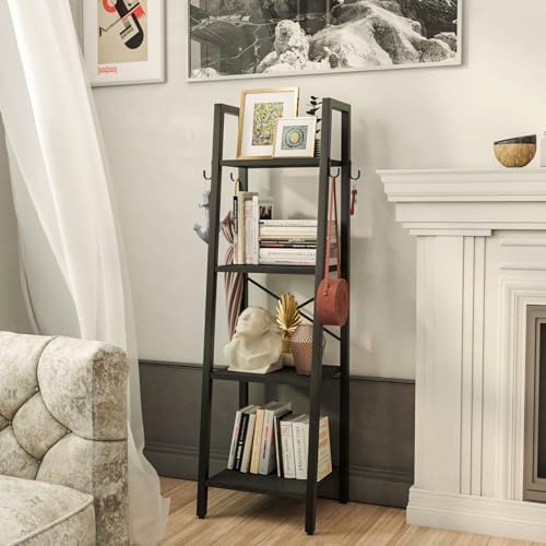 YMYNY 4 Tiers Ladder Bookcase, Industrial Narrow Bookshelf, Open Display Rack with 4 S Hooks, Metal Storage Shelves for 